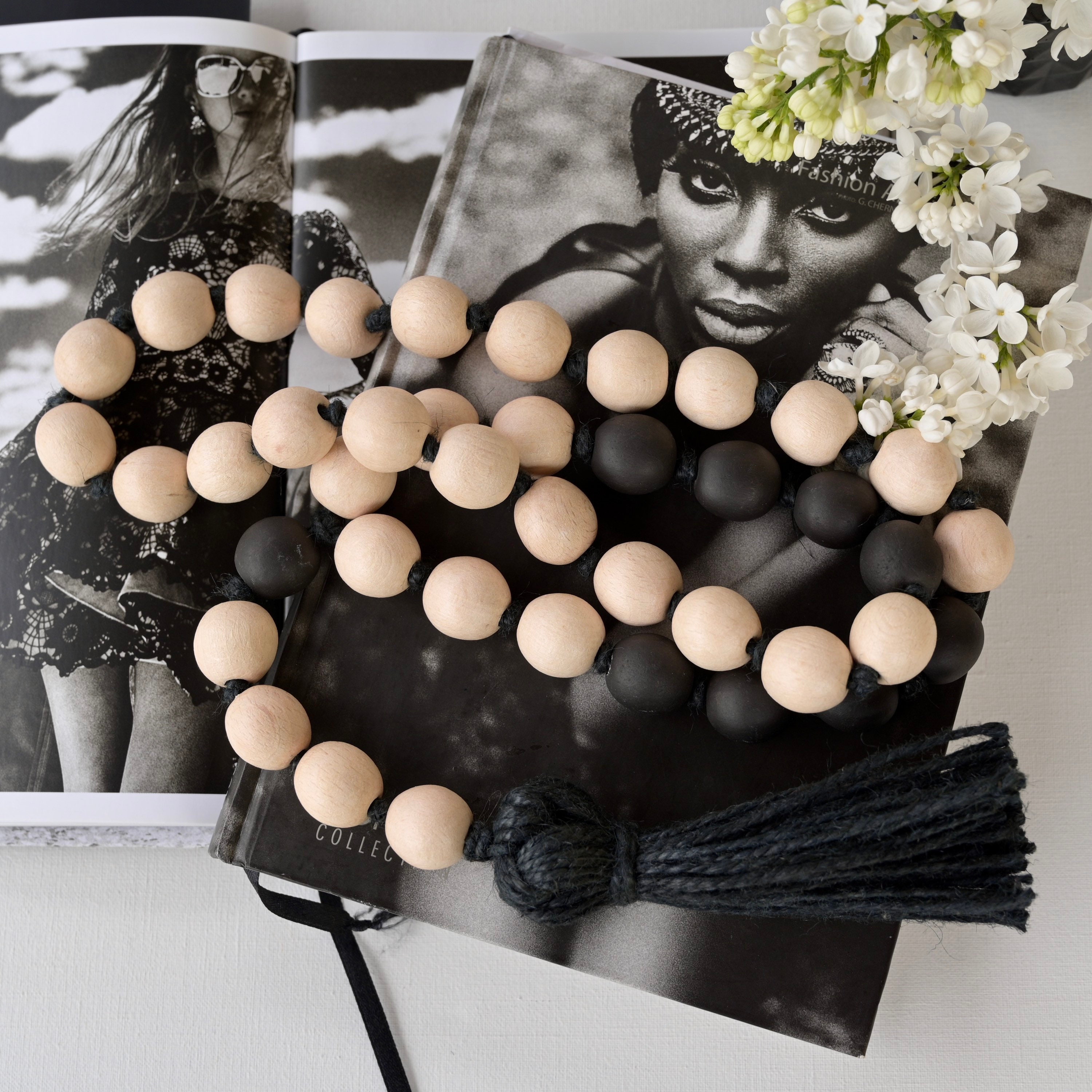 Black White Beads Boho Decor Beads Bead With Tassel Etsy