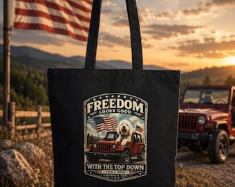 La libertad se siente bien con el bolso tote Top Down / Jeep Dog con la bandera estadounidense