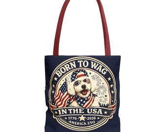 Bolso de mano "Nacido para menear la cola en EE. UU." / Perro patriótico 1776-2026 América 250