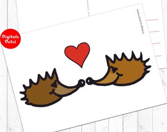 Digital postcard with the motif postcard hedgehog love for immediate download DIN A6