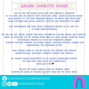 May include: A pink and blue graphic with the text "Galerie Charlotte Design" and a description of the shop's origin story. The text includes the words "online gallery", "photographs", "paper goods", "stickers", "cards", "accessories", "buttons", "magnets", "star child", and "parents".