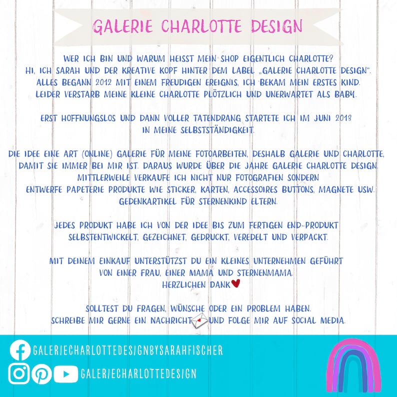 May include: A pink and blue graphic with the text "Galerie Charlotte Design" and a description of the shop's origin story. The text includes the words "online gallery", "photographs", "paper goods", "stickers", "cards", "accessories", "buttons", "magnets", "star child", and "parents".