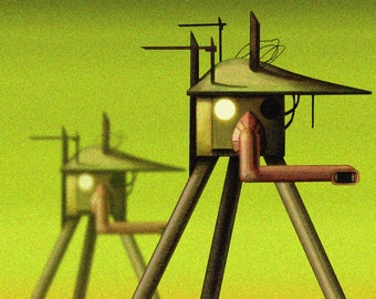 May include: Two tall, spindly, tripod-like structures with a small, boxy, roofed structure on top. The structures are made of wood and have a light brown color. The structures have a long, thin, pipe-like arm extending from the side. The background is a solid, light green color.