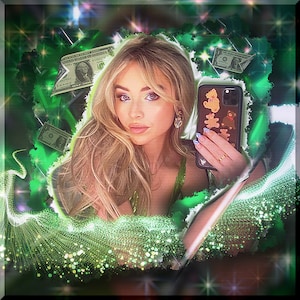 May include: A woman with long blonde hair is taking a selfie with a smartphone. The phone case has a design of cartoon teddy bears. The background is a green and sparkly design with dollar bills.