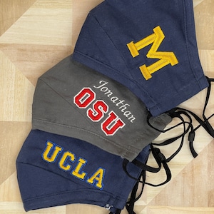 University - Face Mask, Embroidered Face Covering with Name in school colors, Adult Size with College