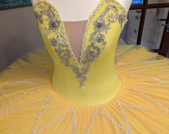 Lemon Yellow Ballet Tutu – Silver Applique, Professional Dance Costume