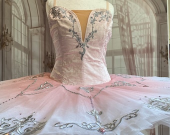 May include: A pink and white ballet tutu with silver embroidery and embellishments. The tutu has a layered skirt with a pink bodice.