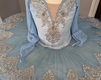 Pale Blue Ballet Tutu, Silver Applique, Child's Professional Pancake Tutu