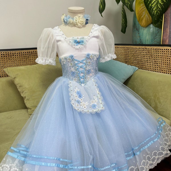 Light Blue Romantic Tutu, Elegant Pale Blue Romantic Tutu with Peasant Style Bodice and Ribbon Detailing, Giselle costume, Corps de ballet