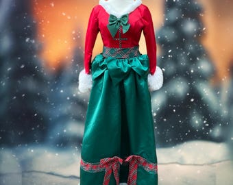 Christmas Elf Costume Dress: Green Satin, Tartan Bows, Made-to-Measure