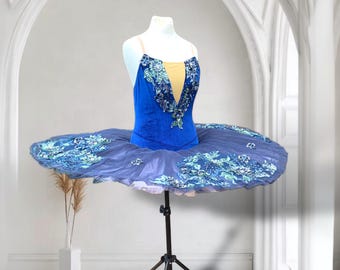 Handmade Blue Velvet Ballet Tutu – Silver Star Skirt, Floral Appliqués