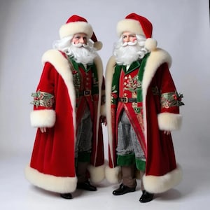 May include: Two figures dressed as Santa Claus. They wear red velvet coats trimmed with white fur, green and red vests, and matching hats. Each has a white beard and mustache. The coats have decorative holly accents, and they stand against a plain background.