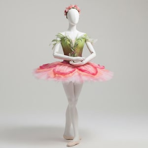 May include: A ballet costume on a mannequin featuring a green bodice with leaf-like shoulder accents and a layered, multi-colored pink and peach tutu skirt. The ensemble includes a matching floral headpiece with small pink flowers and green leaves.