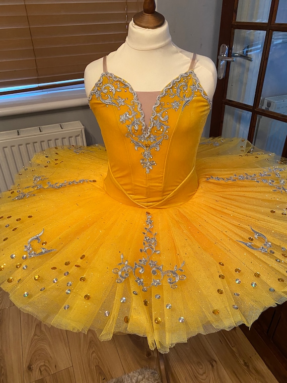 Canary Yellow Ballet Tutu, Gold Appliqu, Stretch Velvet Bodice