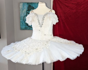 White Lace Ballet Tutu: Sequin Bodice, Adjustable Professional Dance Costume