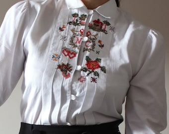 Vintage 100% COTTON Petite Fit Romantic White Blouse | White boho blouse with embroidery | Cross-stitch embroidery shirt, Pure cotton shirt