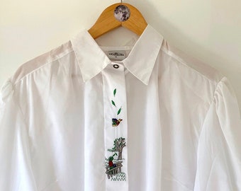 Vintage Cottagecore Austrian Puff Sleeve Blouse with Folk Embroidery, Romantic White XL XXL button up Shirt women, Embroidered shirt large