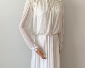 RARE Vintage Full Length Grecian Style Bridal Gown, Ivory Long Minimalist Wedding Dress, Elegant Romantic High Neck Long Sleeve Bridal Dress