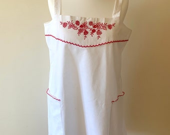 1960s Vintage PURE COTTON Pinafore Dress Made in ITALY, Embroidered 60s vintage minidress, sleeveless white mod short dress straps size S