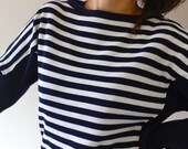 Vintage LACOSTE Navy Striped Dress Navy and Cream Breton Top Dress Boat Neck Shift Dress French Vintage Sweater Dress Size M, UK10