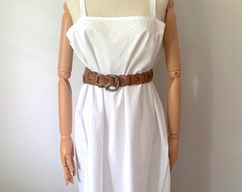 French Antique 1920s Pure Organic COTTON Slip Dress with Embroidery, chemise, Romantic White Midi Dress, Antique clothing women, size XL XXL
