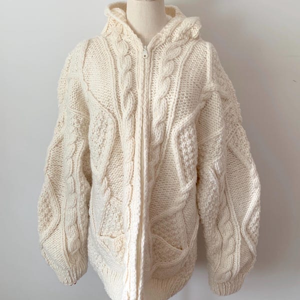 Handknit Chunky Wool Cardigan with Hood: Ecuadorian Aran Style Cable Knit Sweater (L-XL)