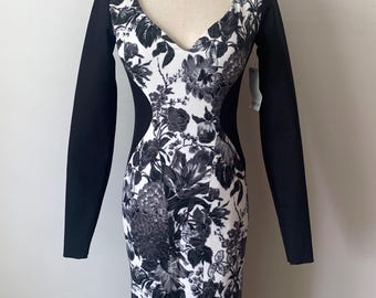 Vintage STELLA McCARTNEY Black Bodycon Dress, Vintage Designer Floral Midi Dress Women, Stella Mc Cartney dress, figure hugging dress XS
