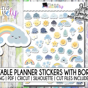 Printable Kawaii Weather Icon Stickers and Planner Stickers | Printable Instant Downloadable Files for Cricut and Silhouette Machines