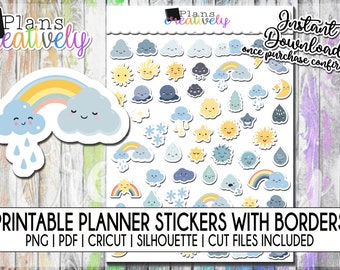 Printable Kawaii Weather Icon Stickers and Planner Stickers | Printable Instant Downloadable Files for Cricut and Silhouette Machines