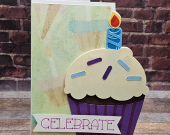 Handmade Card - "Celebrate!" Cupcake Birthday Card (unisex, general cards for all)