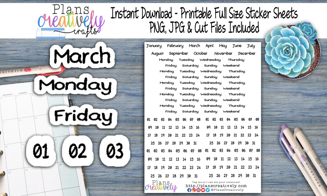 Printable Day of the Week, Date, Month, Day Planner Stickers ...