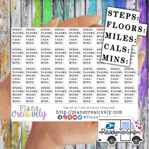 May include: A sheet of planner stickers with the words "STEPS, FLOORS, MILES, CALS, MINS" repeated. The stickers are held in a hand against a colorful wooden background. The text "Plans Creatively" is also visible.