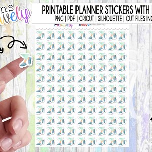 May include: A sheet of printable planner stickers with borders. The stickers feature a design of a person's legs and feet in blue shoes and a green top. The image also includes the text "Printable Planner Stickers with Borders".