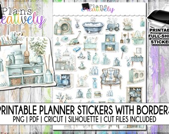Printable Cleaning Day Blue Icon Planner Stickers | Printable Instant Downloadable Files for Cricut and Silhouette Machine | Spring Cleaning