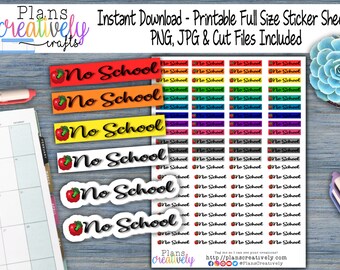 Könnte beinhalten: Ein digitaler Aufkleberbogen mit mehreren Reihen rechteckiger Etiketten, die den Text No School und ein kleines rotes Apfelsymbol enthalten. Die Etiketten sind in verschiedenen Farben wie Rot, Orange, Gelb, Grün, Blau, Lila und Schwarz gehalten.