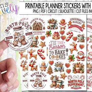 May include: Printable planner stickers with Christmas-themed designs. The stickers feature gingerbread men, reindeer, candy canes, and other festive elements. The text includes "North Pole," "Gingerbread Bakery," and "'Tis the Season to Bake Cookies."