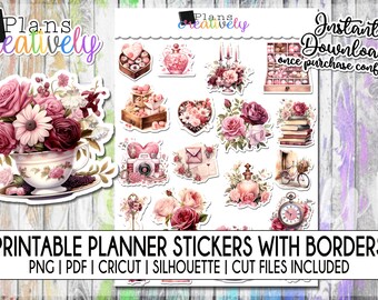 Printable Romantic Rose Valentine Stickers and Planner Stickers | Printable Instant Downloadable Files for Cricut and Silhouette Machines