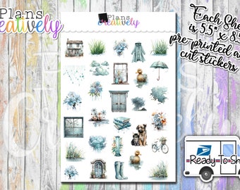 Printed & Ready to Ship - Blue Rainy Spring Day Scenes Bundle Stickers - Spring time rain planner stickers - 8.5" by 5.5" Kiss Cut Sheet