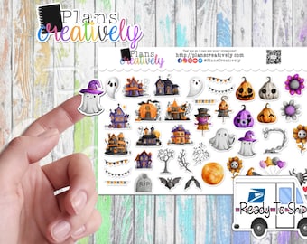 Printed & Ready to Ship - WATERCOLOR HALLOWEEN - Cute decorative Halloween stickers for your planners, journals, junk journal, or calendar.