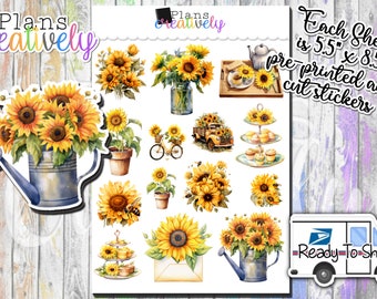 Printed & Ready to Ship - Sunflower Bundle Stickers - Sunflower Bundle Stickers for your planners. 8.5" by 5.5" Kiss Cut Sheet