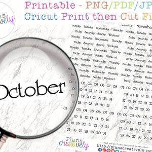 May include: Printable calendar pages for October, November, and December. The calendar pages are designed for use with a Cricut cutting machine. The calendar pages are in black and white on a white marble background.