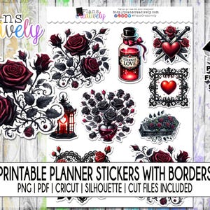 Könnte beinhalten: Druckbare Planer-Aufkleber mit Rändern in gotischen und romantischen Designs. Die Aufkleber enthalten Bilder von Rosen, einer Laterne, einer Flasche mit der Aufschrift "Ewige Liebe", einem Herzen und einem Sarg. Die Aufkleber sind für die Verwendung mit Planern, Tagebüchern und anderen Papierarbeiten gedacht.