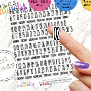 May include: Black and white printable planner stickers with numbers 01 to 31, days of the week, and the words "Plans creatively" and "Foil Ready".