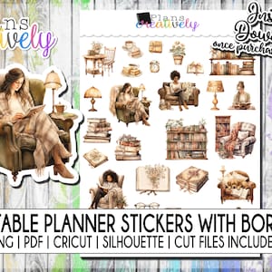 Printable Vintage Book Lover Girl Planner Stickers | Printable Instant Downloadable Files for Cricut and Silhouette Machine | Book Readers