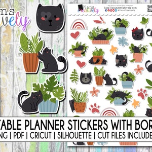 Printable Black Cats and Plants Decorative Planner Stickers | Cute planner stickers of black cats & house plants | Cut Files Included