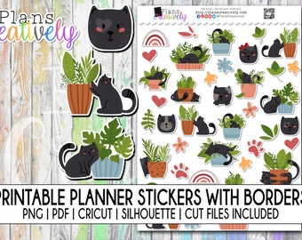 Black Cats & Plants Planner Stickers |  Kawaii Style (Printable