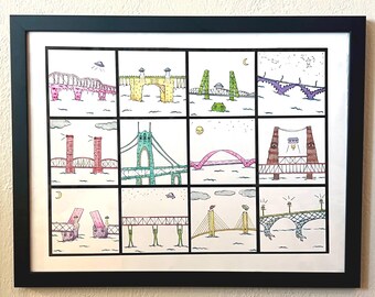 Impressão Giclée em Aquarela das Pontes de Ficção Científica de Portland, Invasores do Espaço de Bridgetown