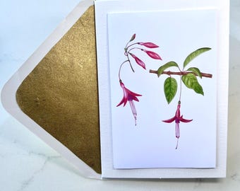 Cartão de felicitações em branco com flores fúcsias