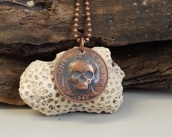 British Large Penny Skull Repousse Pendant Necklace