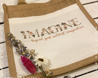 Bolsa de juta para Bíblia/livro - Imagine - Palavra bíblica, presentes cristãos, presentes religiosos, bolsa bíblica, lancheira, sacola, versículo bíblico